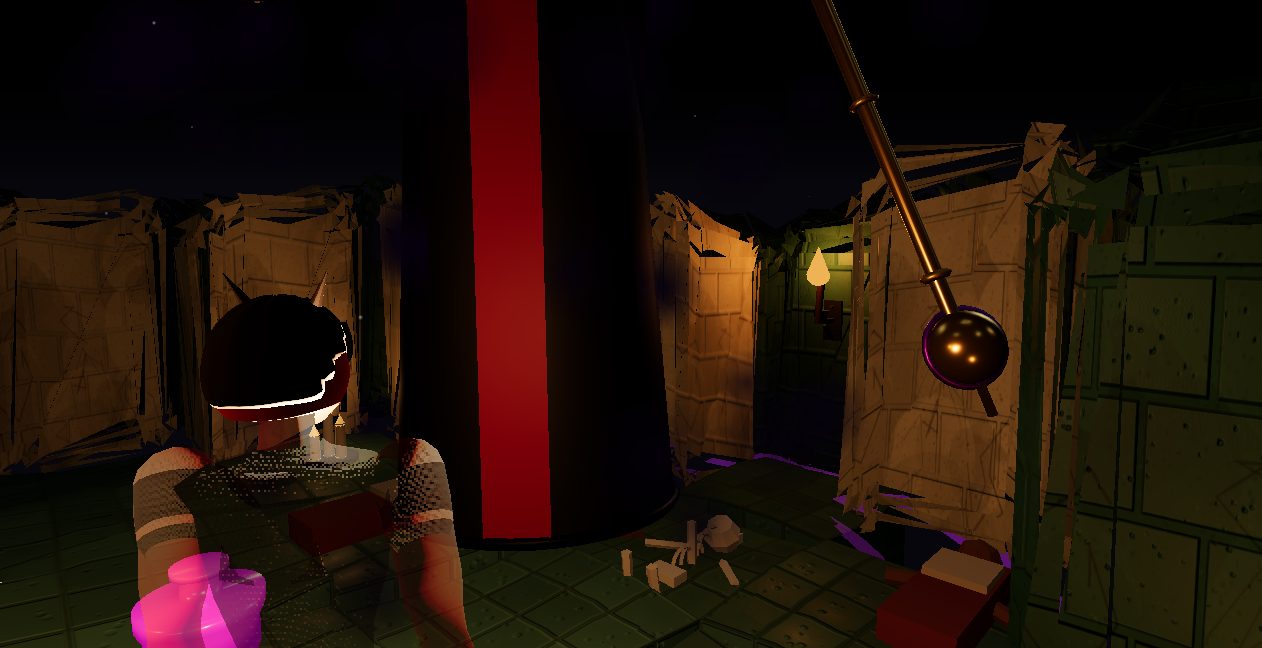A torchlit dungeon passage with a red banner and a daemon ahead