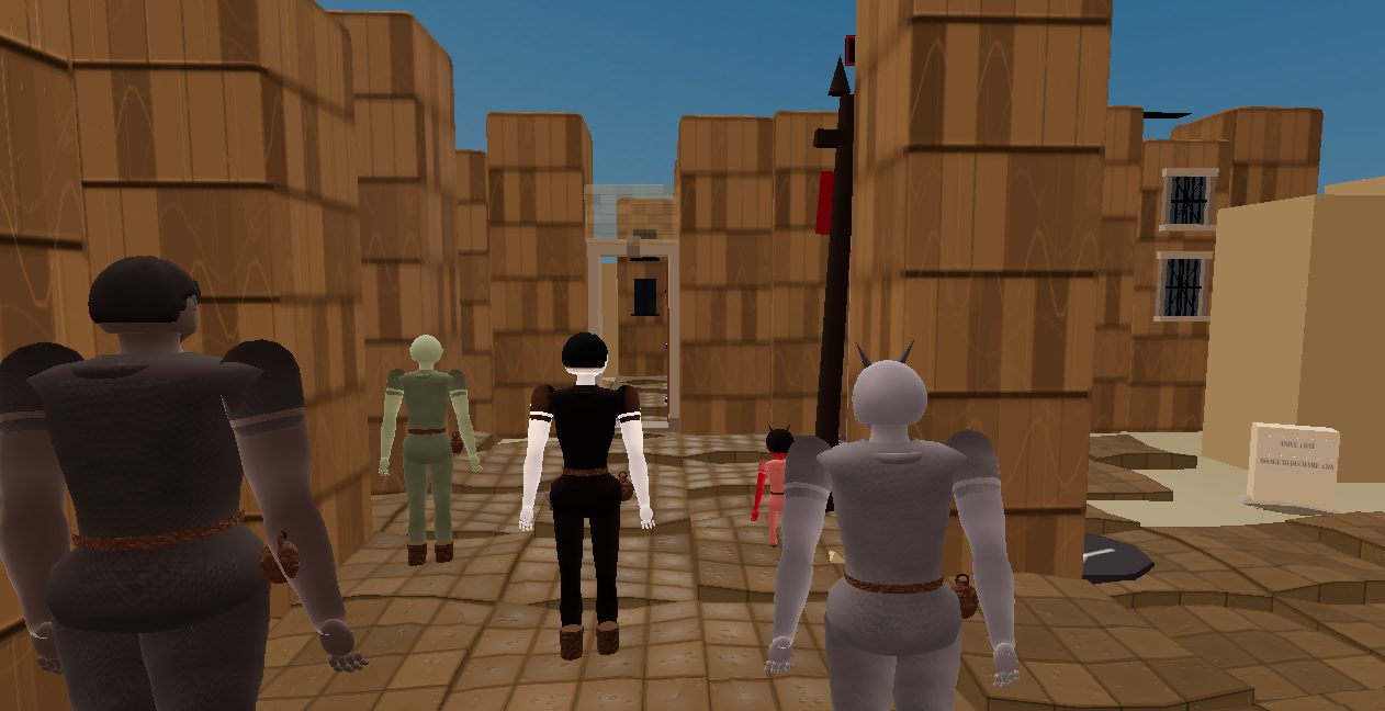 A servant's company of minions walking between timber walls