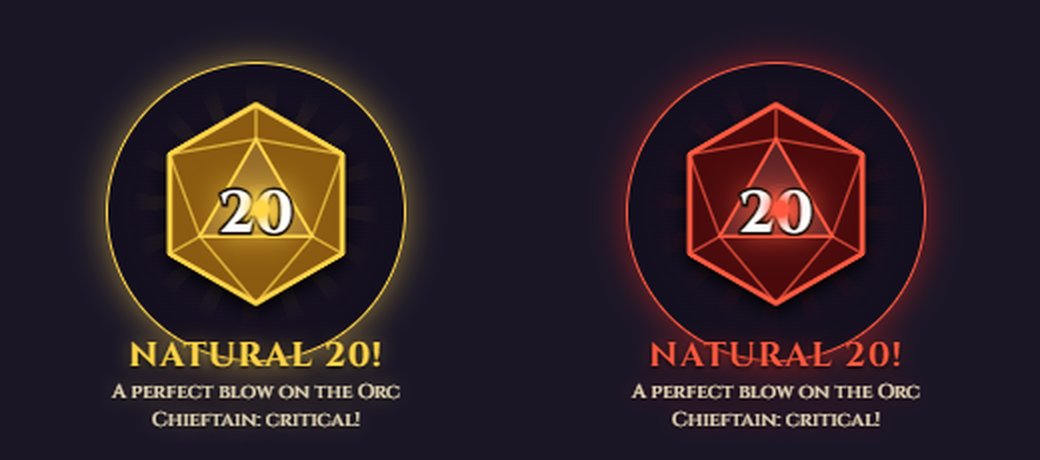 Two d20 windows, gold and red, each showing a natural 20