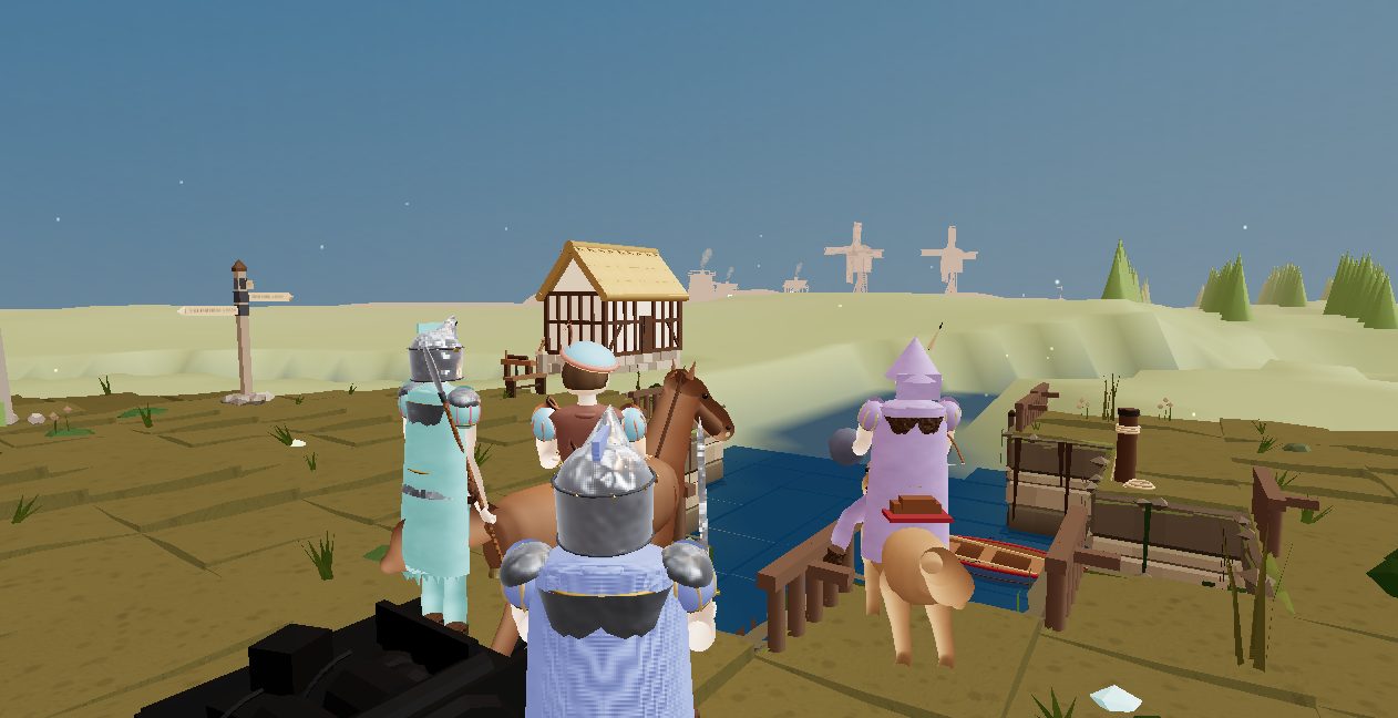 A lord of the Good and his mounted company at a river crossing, a timber house and windmills beyond